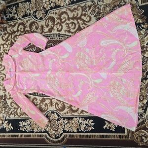 Vintage 60s 70s Barbie Pink Polyester Paisly Maxi Dress Collar Retro 1960s 1970s
